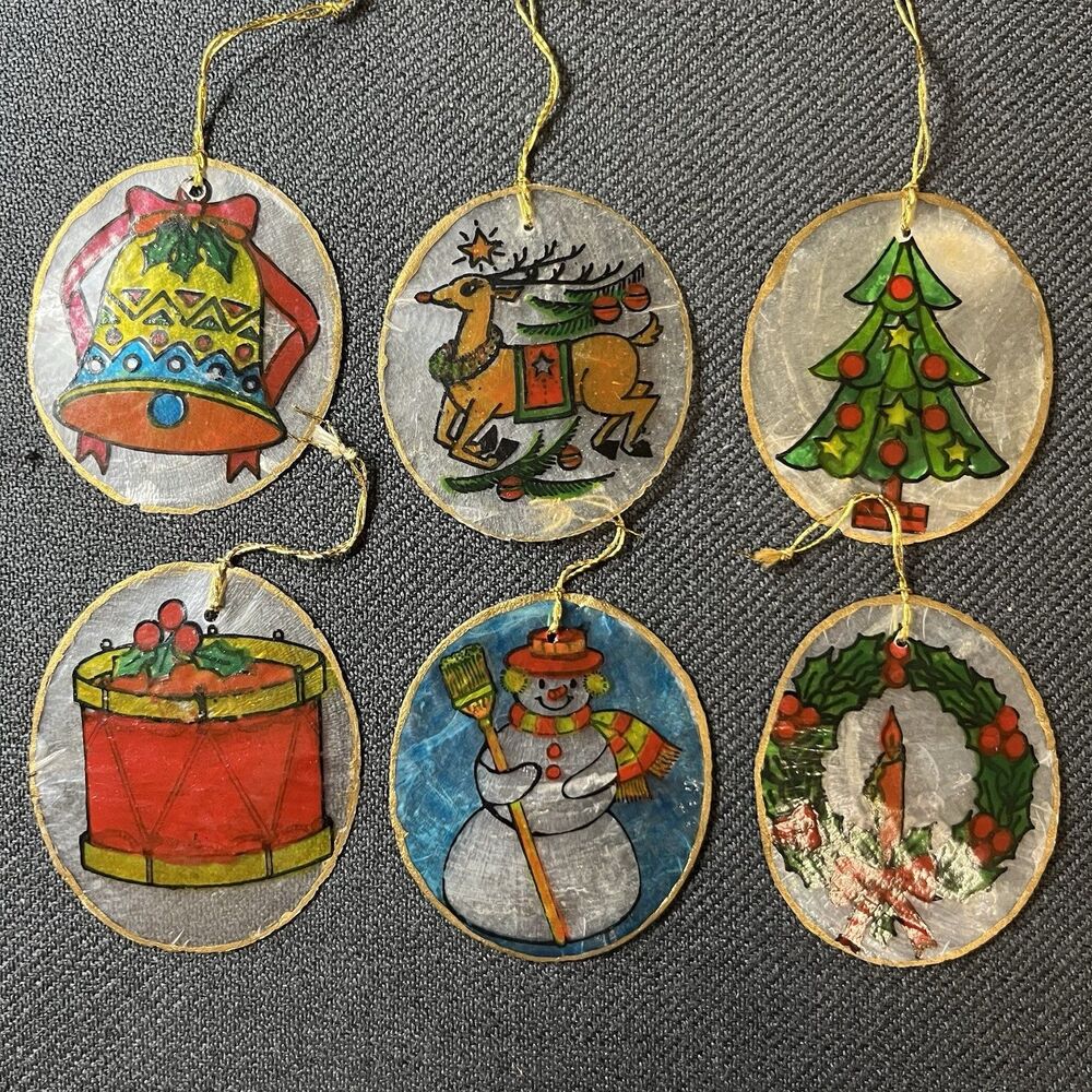 Vintage Capiz Shell Christmas Ornaments Hand Painted Set of 6 Retro 70s 80s